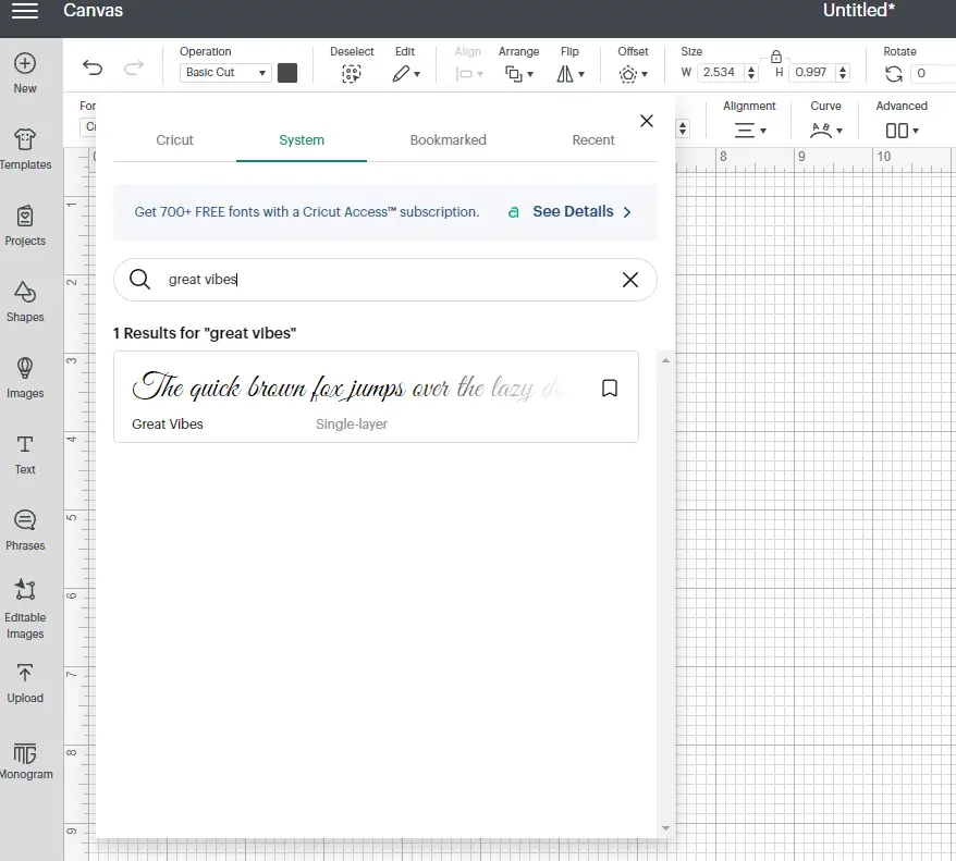 Cricut Design Space search for system font
