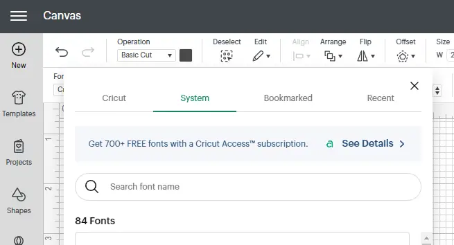 Cricut Design Space system font tab